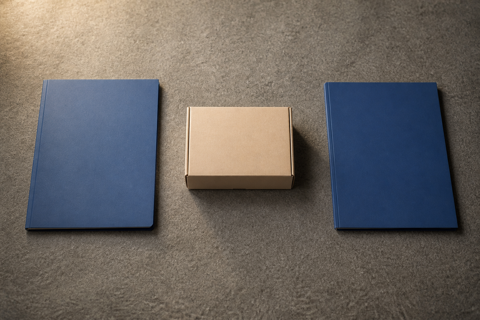 Zwei unbeschriftete Arbeitsmappen mit einer neutralen Transferbox dazwischen