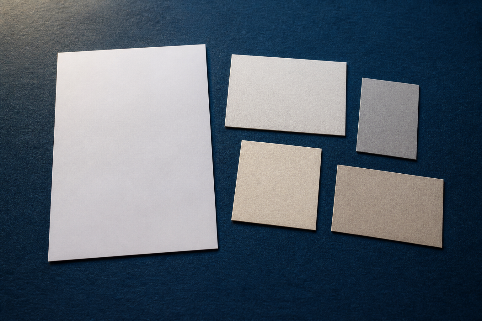 Unbeschriftetes Vertragsblatt mit vier neutralen Papierkarten in unterschiedlicher Größe