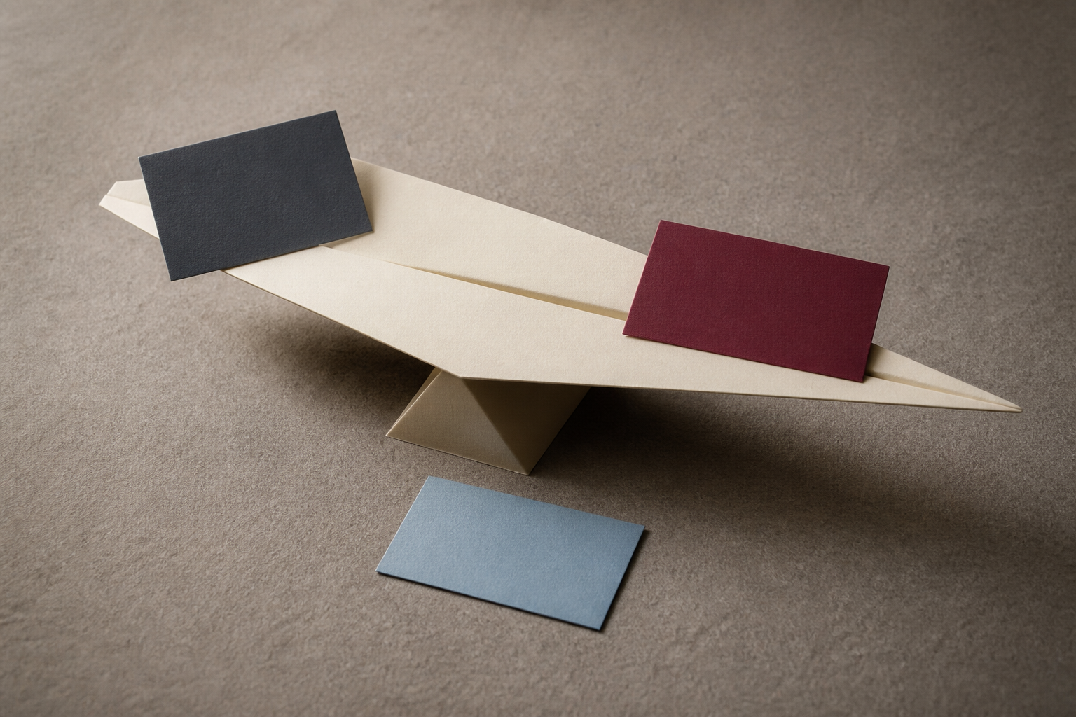 Abstrakte Papierbalance mit drei unterschiedlich angeordneten leeren Karten