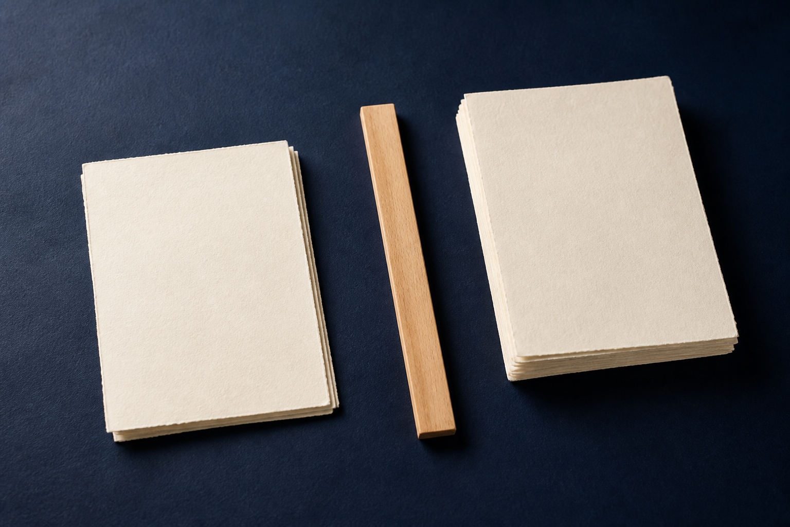Zwei Stapel unbeschrifteten Papiers und ein unmarkierter Holzstreifen auf tintenblauer Fläche
